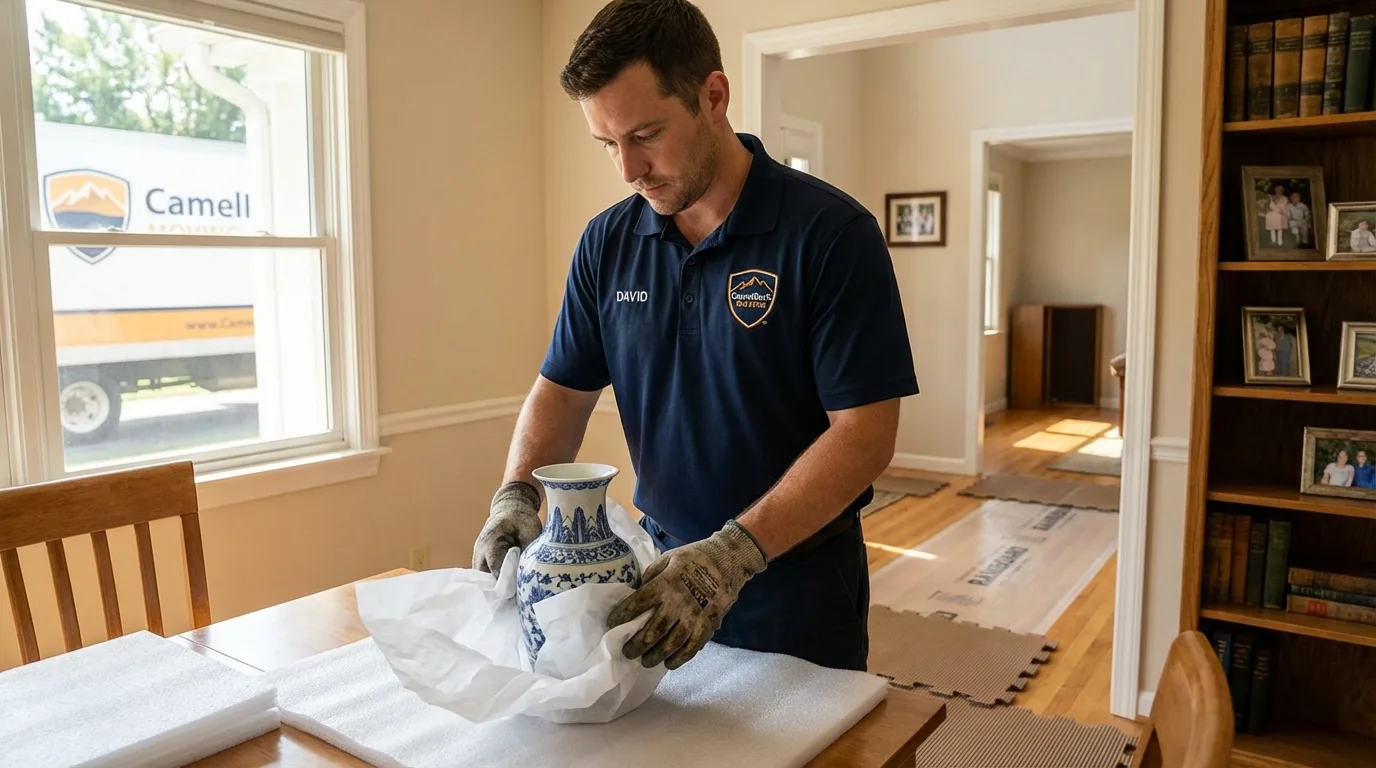 Professional crew carefully wrapping antique vase for senior downsizing move in Princeton, KY